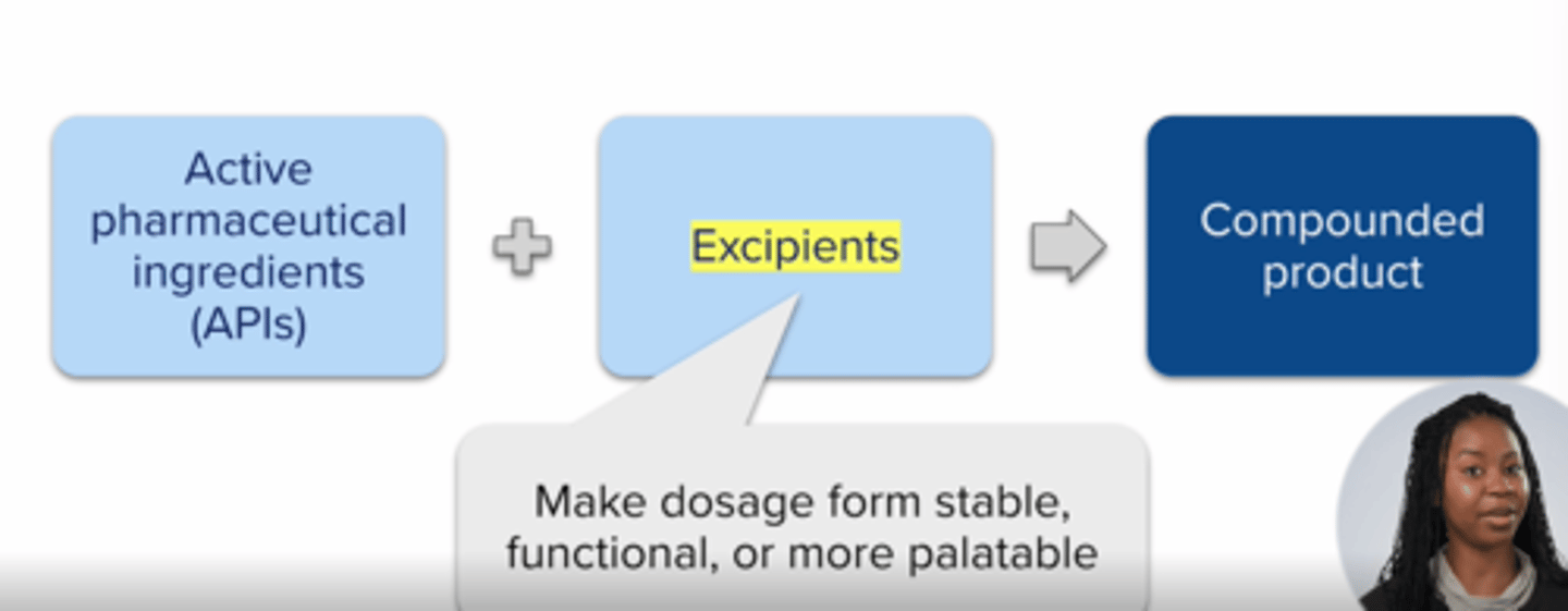 <p>active pharmaceuticals ingredients (drug)</p><p>+ excipients</p>