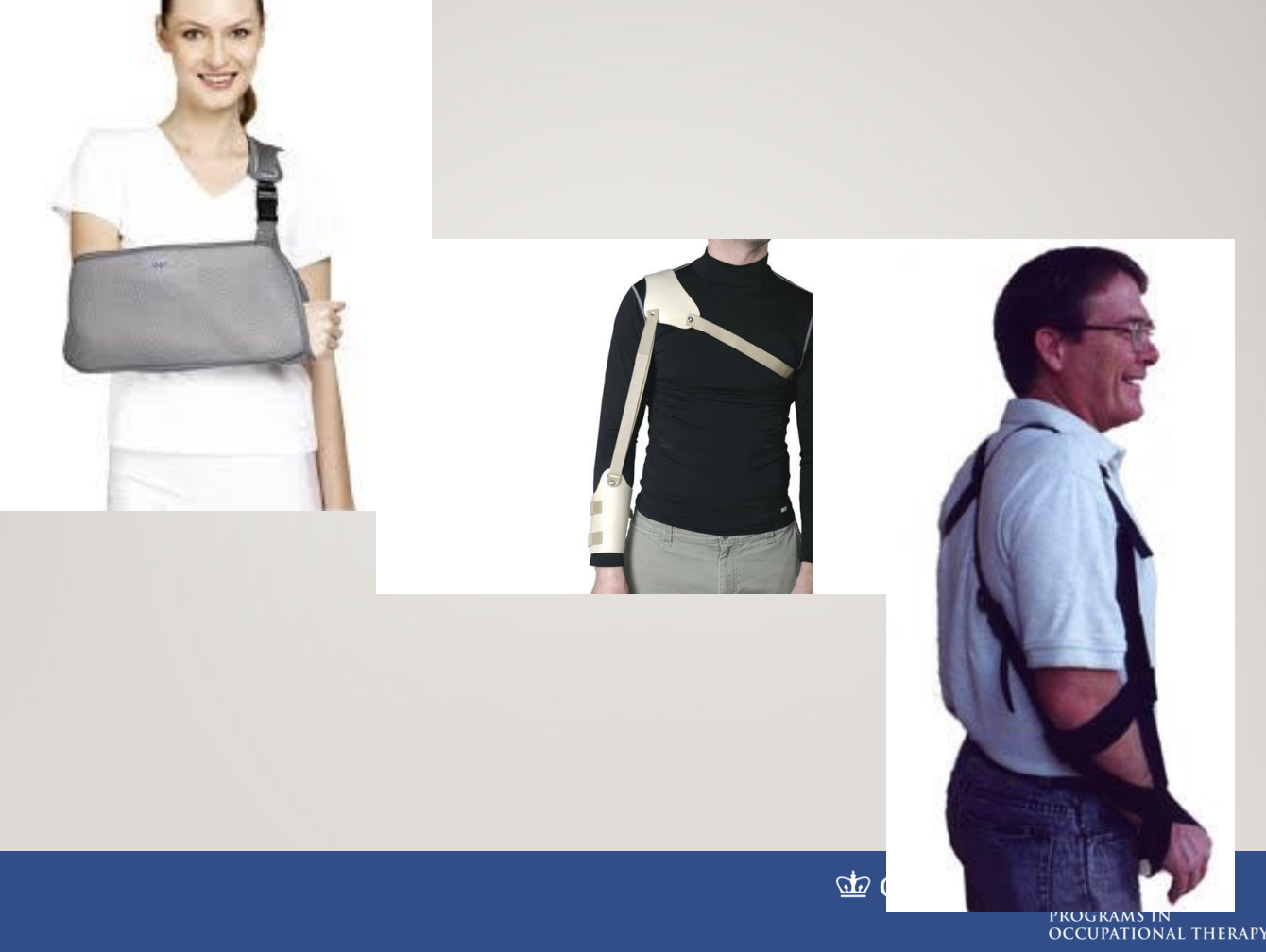 <ul><li><p><strong><u>MINIMIZED</u></strong>!!!!!!; it’s <strong><u>not bad, but we don’t want to be excessive</u></strong> with it (left picture is discouraged; middle and right pictures encouraged)</p><ul><li><p><strong><u>Initial Upright Function Training</u></strong></p></li><li><p><strong><u>Specific Activities</u></strong></p></li><li><p><strong><u>Immediate Removal</u></strong></p></li><li><p><strong><u>Avoid slings that position the shoulder in</u></strong>…</p><ul><li><p><strong><u>internal rotation</u></strong> and</p></li><li><p><strong><u>elbow flexion</u></strong></p></li></ul></li><li><p><strong><u>Investigate Alternate Means of Support</u></strong></p></li></ul></li></ul><p></p>