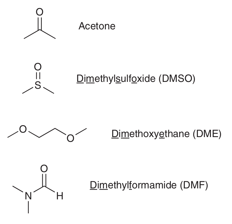<p>Solvent <strong>doesn’t have proton on an EN atom</strong></p><p>(Solvent can still have H atoms, but they won’t be connected to EN atoms.)</p><p>e.g. acetone, DMSO, DME and DMF</p>