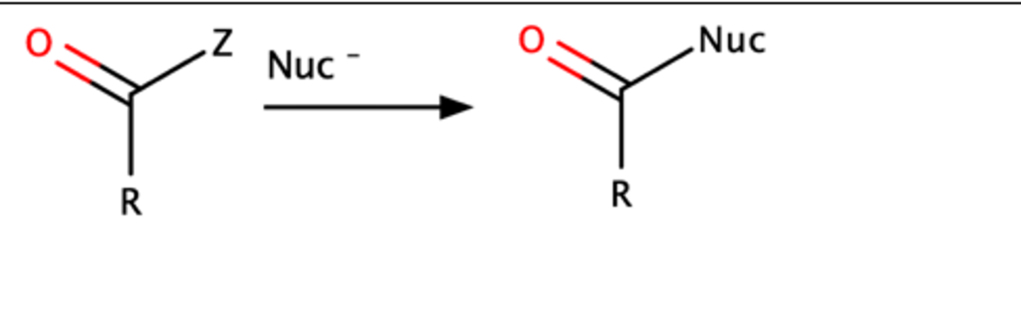 <p>Nucleophile attacks carboxylic acid derivative, loss of leaving group "Z"</p><p>"Z" must be a heteroatom (Cl, O, OR, NH2)</p>