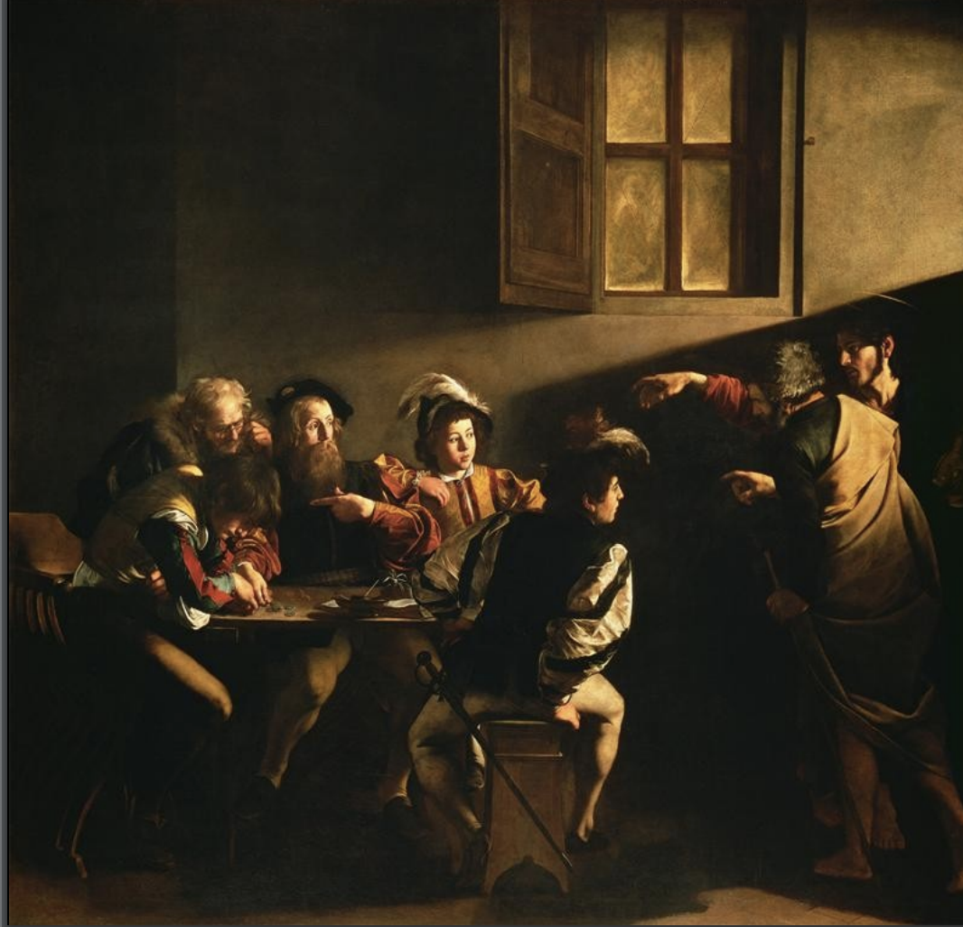 <p>Caravaggio, <em>The Calling of Saint Matthew,</em> Contarelli Chapel, in church of San Luigi dei Francesi (Rome), 1600. Oil on Canvas</p>