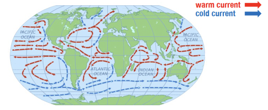 warm vs cold currents impact how humid/dry the area is

* CA sits near a cold current (California Current), meaning it is cool and dry
* FL sits next to a warm current (Gulf Stream), meaning it is hot and humid

this is what allows Europe to be warmer than Canada despite being at the same latitude