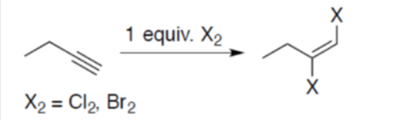 <p>Carbocation: yes (no rearrangement)</p><p>Regiochemistry: mark</p><p>Stereoselectivity: anti</p><p>Reagent(s): 1 equivalent Cl2 or Br2</p><p>- Adds 1 X on both the alkyne carbons</p>
