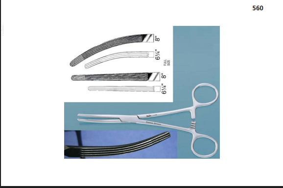 <p>Function: To clamp large tissue bundles that have a lumen or contain blood vessels. When the instrument is placed perpendicular to the blood Vessel, it occludes the vessel and prevents the blood from flowing. The other hemostats with their transverse grooves can allow blood or body fluids to continue flowing</p>