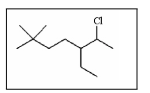 <p>The IUPAC name for the following molecule is:</p><p>A) 2-chloro-3-ethyl-6,6-dimethylheptane</p><p>B) 6-chloro-5-ethyl-2,2-dimethylheptane</p><p>C) 6-chloro-2,2-dimethyl-5-ethylheptane</p><p>D) 2,2-dimethyl-5-chloroethylheptane</p><p>E) 6-chloro-5-ethyl-2-dimethylheptane</p>