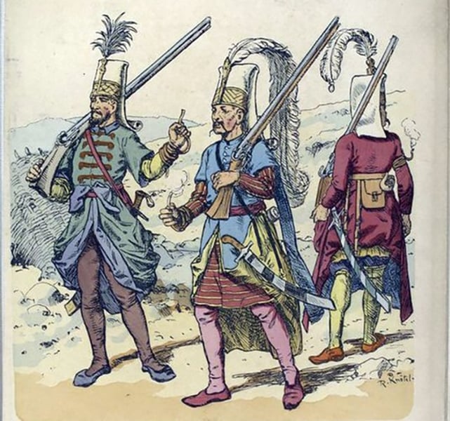 <p>elite Ottoman guard (trained as foot soldiers or administrators) recruited from the Christian population through the devshirme system, that often converted to Islam; utilized gunpowder weapons</p>