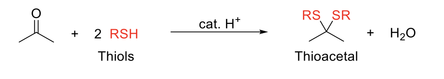 <p><strong>Notes:</strong></p><p>Adds two -SR (thiols) to the carbonyl carbon.</p><p>Same mechanism as acetal formation.</p><p></p><p><strong>Mechanism:</strong></p><p>Same mechanism as acetal formation.</p>