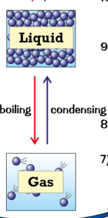 <p>condensing (change of state) (cools,, bonds form, boiling point)</p>