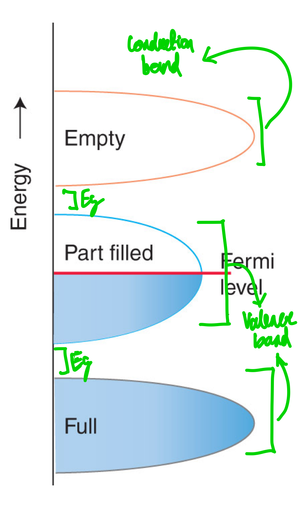 <ul><li><p>The valence band is not completely full, but electrons close to the Fermi level can be easily promoted to nearby levels.</p></li><li><p>When electrons are mobile and moving.</p></li><li><p>Conductivity decreases with increasing temperature, because the metals are already good conductors, and increasing temperature increases the vibration of species, which leads to the scattering of charge carriers.</p></li><li><p>Conductivity decreases with increasing temperature, because the metal - the conductor - has already good flow of traffic, now you’re just making cars bump into each other because of road rage.</p></li><li><p>Light energy.</p></li></ul><p></p>