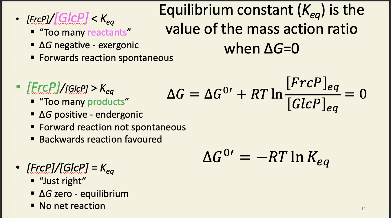 <p><span><span>Note the difference between ∆</span><em><span>G</span></em><span>, the actual free energy change given </span><u><span>real</span></u><span> values of reactant and product concentrations, and ∆</span><em><span>G</span><sup><span>0</span></sup></em><span>, the free energy change under standard conditions, where these values are all 1 M.</span></span></p>