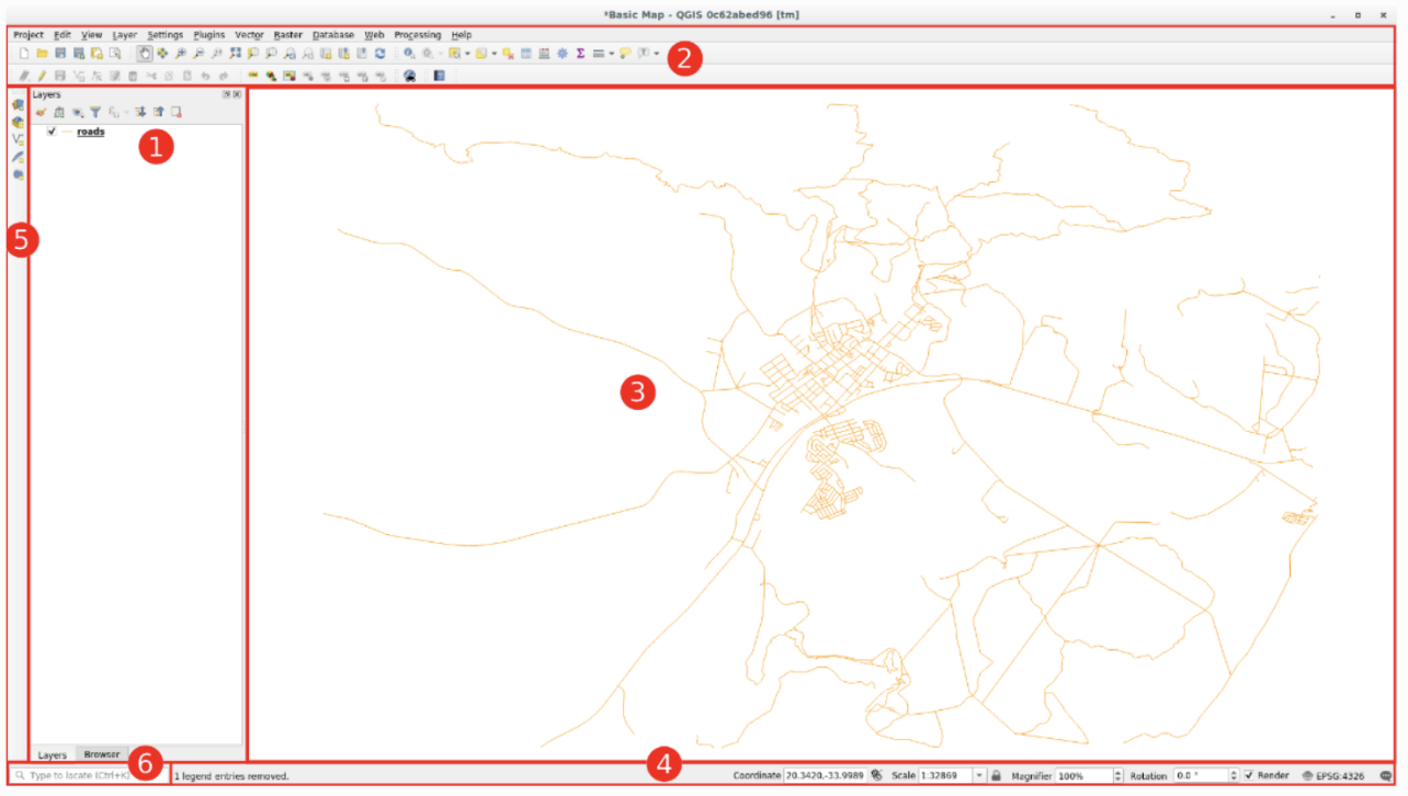 <ol><li><p>Layers list/browser panel</p></li><li><p>Toolbars</p></li><li><p>Map canvas</p></li><li><p>Status bar</p></li><li><p>Side toolbar</p></li><li><p>Locator bar</p></li></ol>
