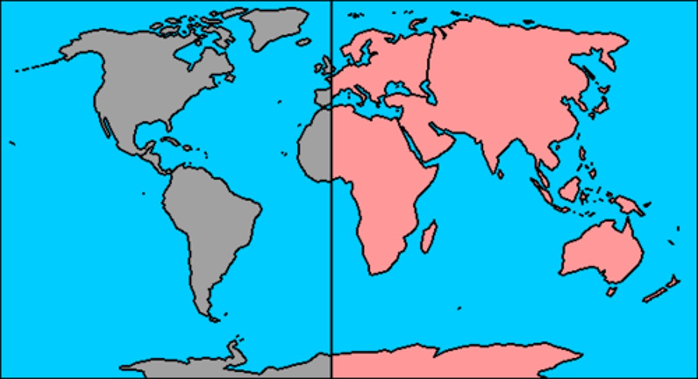 <p>East of the Prime Meridian to 180° (Africa, Europe, Australia &amp; Asia)</p>