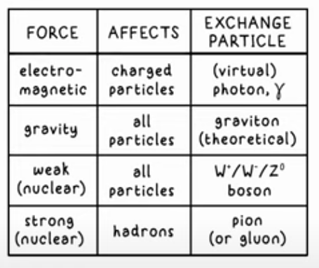 <p>There are 4 fundamental forces in the universe, each mediated by an exchange particle, whose role it is to carry the force between the particles</p><p></p>