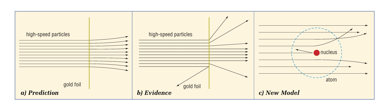 <p>Rutherford conducted experiments in which he shot positively charged particles through thin gold foil. He predicted that all the high-speed particles would pass straight through the foil without being affected by the gold atoms. . Instead, the results showed that while most particles did behave as predicted, some were greatly deflected. Rutherford proposed a new model. He suggested that atoms were mainly empty space through which the positive particles could pass, but at the core was a tiny positively charged centre. (nucleus)He also calculated that the nucleus was only about 1/10 000th the size of the atom—like a green pea in a football field.</p>