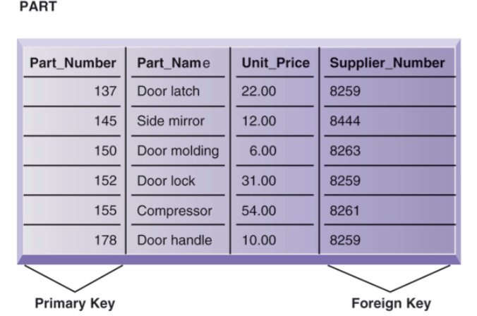 <p>rows/<strong>tuples</strong>: <strong>records</strong> for different entities</p><p>fields/<strong>columns</strong>: defines data table can hold (attribute for entity)</p><p>primary key: field in table used to uniquely identify a table</p><p>foreign key: primary key used in second table as look-up field to identify records from original table</p>