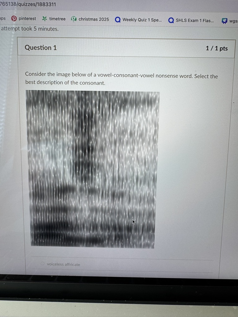 <p>Consider the image below of a vowel -consonant-vowel nonsense word. Select the best description of the consonant</p>