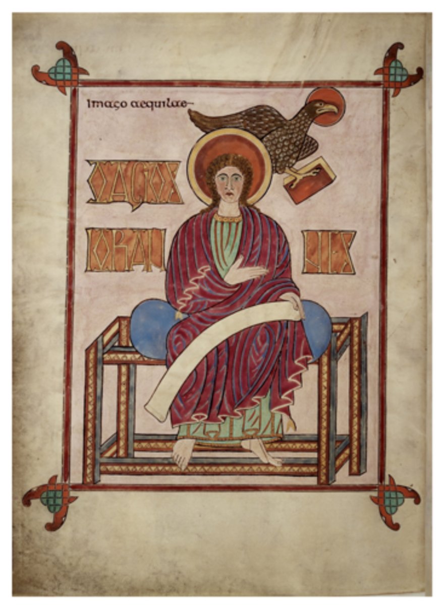 <p>On the basis of style and medium, the work shown can be attributed to which of the following cultures?</p><p>A</p><p>Late Antique Europe</p><p>B</p><p>Early Byzantine Europe</p><p>C</p><p>Hiberno Saxon Europe</p><p>D</p><p>Gothic Europe</p>