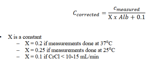 <p>recognize this is the equation used if you have to calculate a corrected phenytoin level!!!</p><p>(equation given on exam)</p>