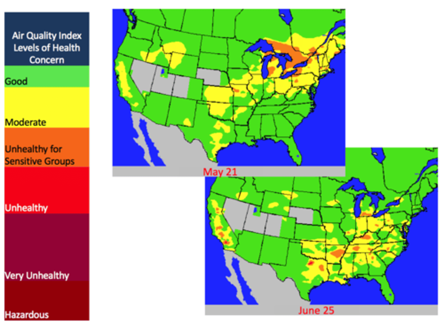 <p>• Ozone</p><p>• Form of oxygen (O3)</p><p>• Sulfur Dioxide</p><p>• Colorless gas, by product of coal/ petroleum burning</p><p>• Particulate Matter (PM)</p><p>• Smoke, smog, ash, dirt, pollen (PM2.5/PM10)</p><p>• Carbon Monoxide</p><p>• Colorless, odorless gas</p><p>• Reduces hemoglobin's ability to transport oxygen</p><p>* Not only interferes with sports performance, also with behavioral &amp; mental faculties.</p>