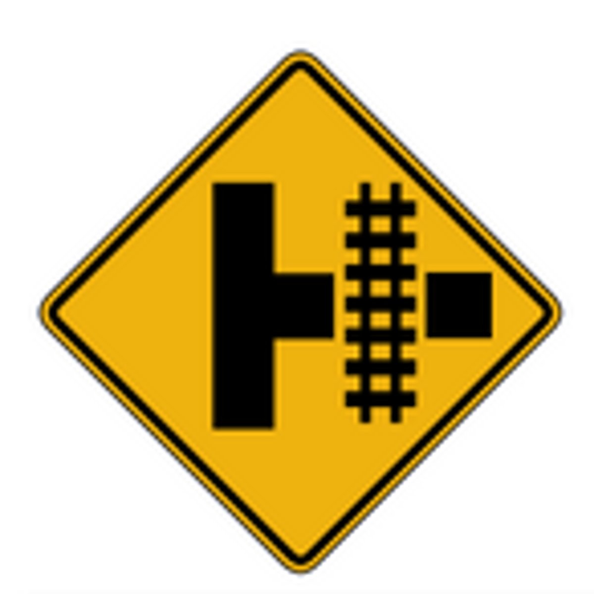 <p>Railroad Sign (can't find 4th Railroad Crossing sign on Quizlet, but it is a yellow diamond with a blach line in the middle with train tracks going through it)</p>