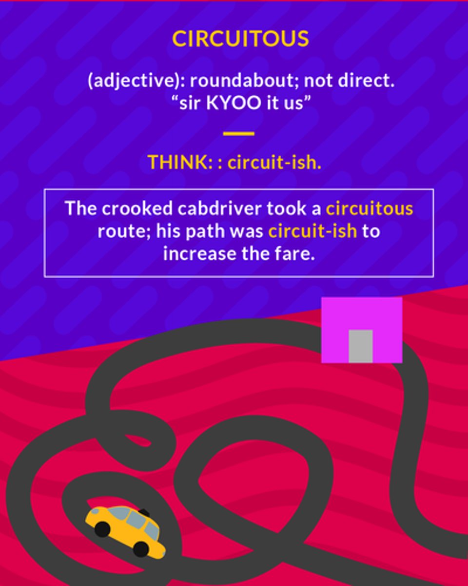 <p>(adj.) roundabout, not direct</p>