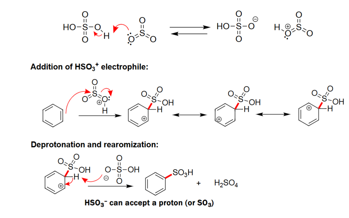 <ul><li><p>Forms its conjugate base and acid as byproducts.</p></li><li><p>Benzene reacts with unstable electrophile.</p></li><li><p>Forms a benzene with a HSO<sub>3</sub> group attached.</p></li><li><p>Needs acid and heat to react.</p></li></ul><p></p>