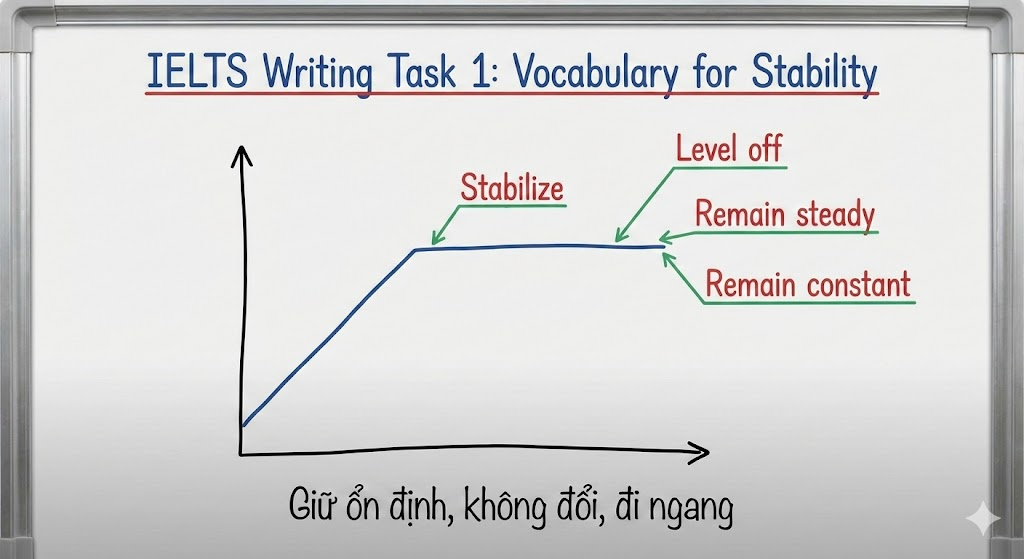 <p>(Động từ) (Giữ ổn định, không đổi, đi ngang) (After a rise, the figure leveled off at 50%.)</p>