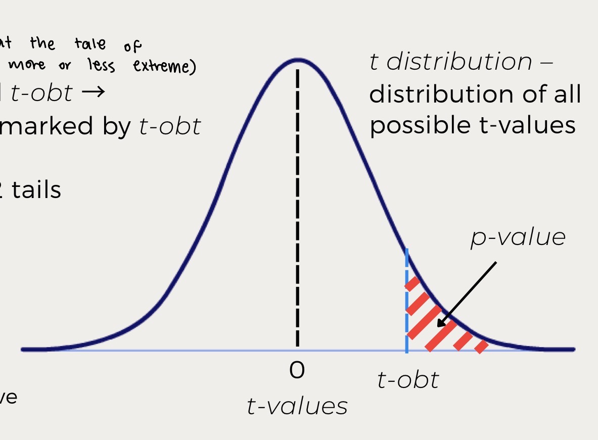 <p>P value is the are under the tails marked by t-obt</p><ul><li><p>the probability of observing a score that is equal to or more extreme than our observed score </p></li></ul><p></p>