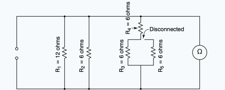 <p>(<span style="color: rgb(0, 0, 0);"><mark data-color="#ffe000" style="background-color: rgb(255, 224, 0); color: inherit;">Refer to Figure 6.</mark></span>) If resistor R(5) is disconnected at the junction of R(4) and R(3) as shown, what will the ohmmeter read?</p>