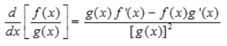 <p>derivative of a quotient of two fxns is the denom x the derivative of the num - the num x the derivative of the denom, / denom²</p>