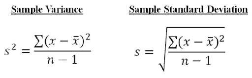 <ul><li><p>x is the individual score</p></li><li><p>The x with the line over is the mean score</p></li><li><p>n is the number of participants</p></li></ul><p></p>