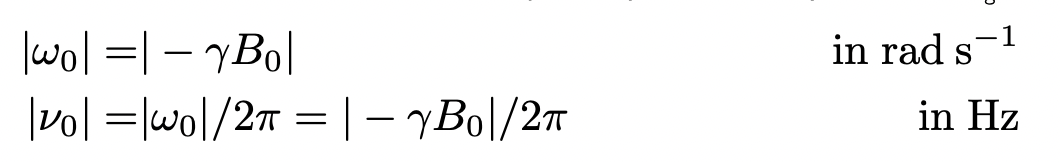 <p>the frequency of the allowed transition between Zeeman eigenstates for a given nuclei</p><p>= frequency of transition between different orientations of nuclear spin (vector) in a magnetic field</p><p>(= frequency at which nuclear spins precess in a magnetic field)</p><p>= <strong>constant for a given nucleus</strong></p>