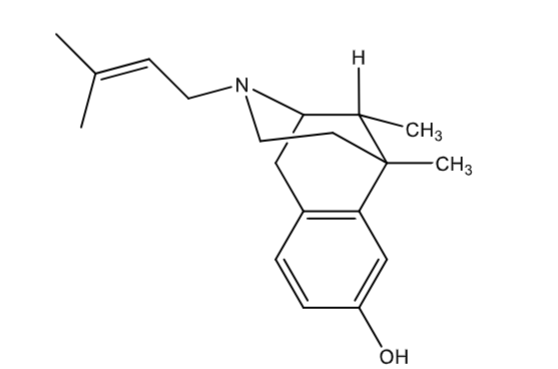 <p>KOR agonist</p><p>MOR antagonist</p><p>weakest mixed drug</p><p>lacks E and C ring</p>