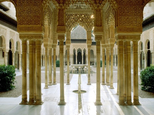 <h2><span class="heading-content">-Grenada, Spain -1354-1391 -Whitewash Adobe stucco, tile, marble, wood -was constantly being added -alhambra-red in arabic -fortress -poetry was inspiration of the palace</span></h2>