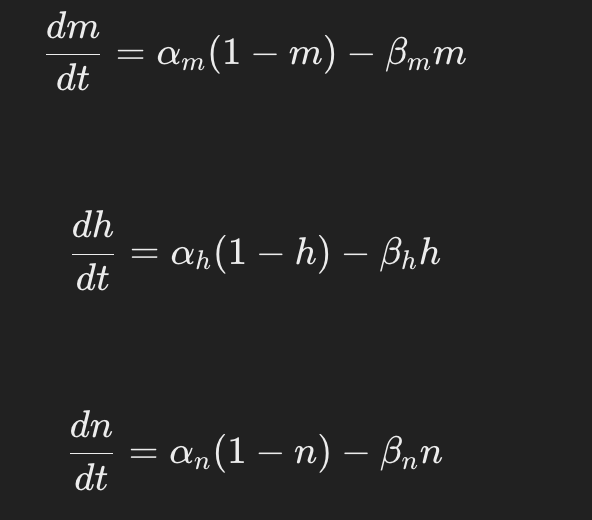 <p>The gating variables m,h,and n follow first-order differential equations where a and beta are rate constants dependent on membrane potential.</p>