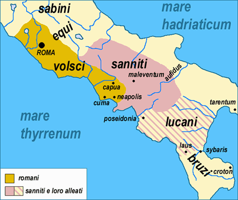 <p>Roma e Sanniti inizialmente alleati (354 a.C.), ma con interessi contrastanti sulla Campania.</p><p><strong>343 a.C.</strong>: Capua e Teano, attaccate dai Sanniti, chiedono aiuto a Roma → scoppia la guerra.</p><p>Risultato: nessuna vittoria decisiva → nuovo patto di alleanza (341 a.C.).</p><p></p>