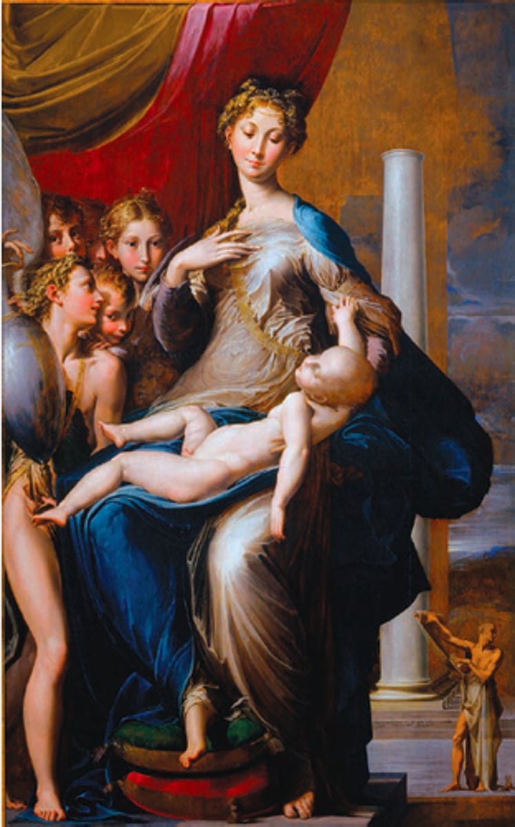 <p>Artist: Parmigianino</p><p>Location: Uffizi, Florence</p><p>Medium: Oil on wood</p><p>Patron: Ferdinando de' Medici</p><p>Important Info:</p><p>*how is the title referenced in the artwork? called Madonna of the Long Neck because "the painter, in his eagerness to make the Holy Virgin look graceful and elegant, has given her a neck like that of a swan What pose is present in this image that was made popular in Mannerist painting? FIFURA SERPENTINATA (used to describe a human figure which spirals around a central axis, so that the lower limbs face in one direction and the torso almost in the opposite direction, in a graceful if sometimes contorted pose)*</p>