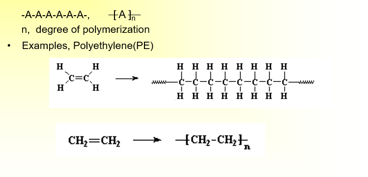 <p><span>•A polymer resulting from the polymerization of a single monomer; a polymer consisting substantially of a single type of repeating unit.</span></p><p style="text-align: left;"><span><br>&nbsp;&nbsp;&nbsp;&nbsp; -A-A-A-A-A-A-, </span></p><p style="text-align: left;"><span>&nbsp;&nbsp;&nbsp;&nbsp; n,&nbsp; degree of polymerization</span></p><p><span>•Examples, Polyethylene(PE)</span></p><p></p>