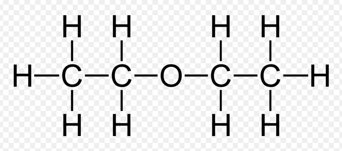 <p>ROR</p><p>O atom sandwiched between organic molecules</p>