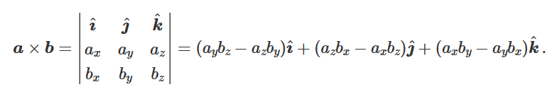 <ul><li><p>Written as <strong>a </strong>×<strong> b</strong></p></li><li><p>Gives a <strong>vector</strong> that’s <strong>direction</strong> is perpendicular to the two vectors used in calculation</p></li><li><p>The <strong>magnitude</strong> of the vector is given by $$\left|c\right|=\left|a\Vert b\right|\sin\theta$$ (theta is angle between vector <strong>a</strong> and <strong>b</strong>)</p></li><li><p>Can be calculated by hand using a 3×3 matrix with unit vectors in first row, values of ax, ay, and az in second row, and values of bx, by, and bz in third row. The <strong>determinant</strong> of this matrix gives the vector product, <strong>c</strong> (see diagram) Note: remember alternating signs.</p></li></ul><p></p>