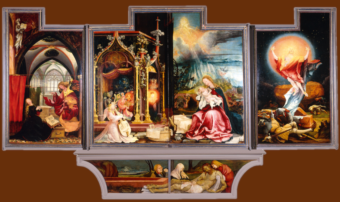 <p><strong>Isenheim Altarpiece</strong></p><p>Matthias <span>Grünewald</span></p><p>Renaissance (Germany)</p><p><span>1510-1515</span></p><p>Oil on wood</p>