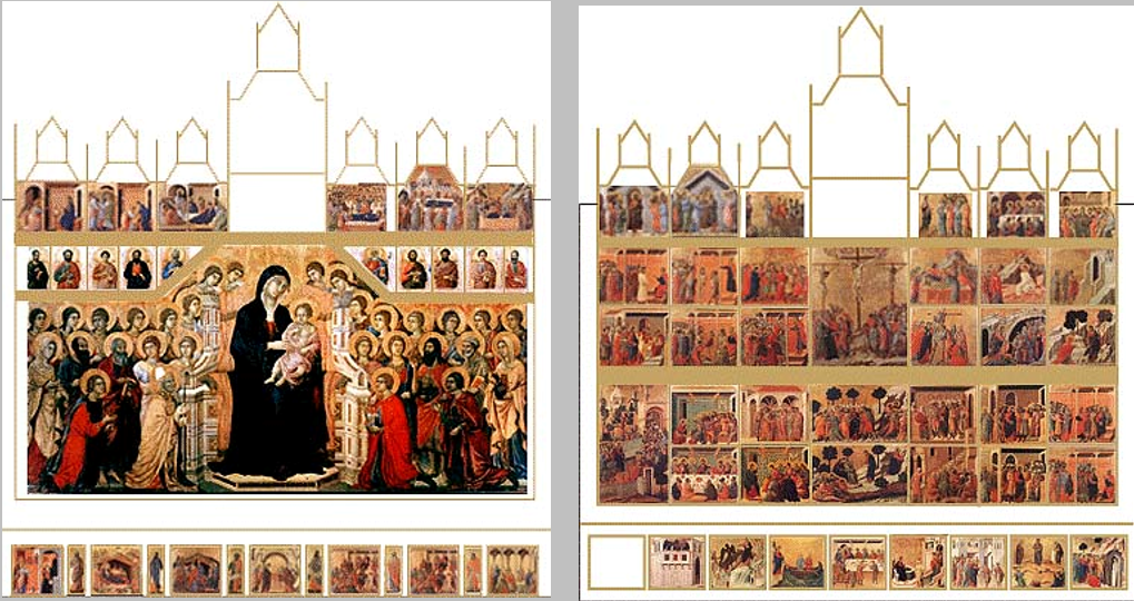 <ul><li><p>A large altarpiece &amp; was double sided</p></li><li><p>Byzantine style painting with its formality &amp; symmetry yet soft clothing and different faces</p></li></ul><p></p>