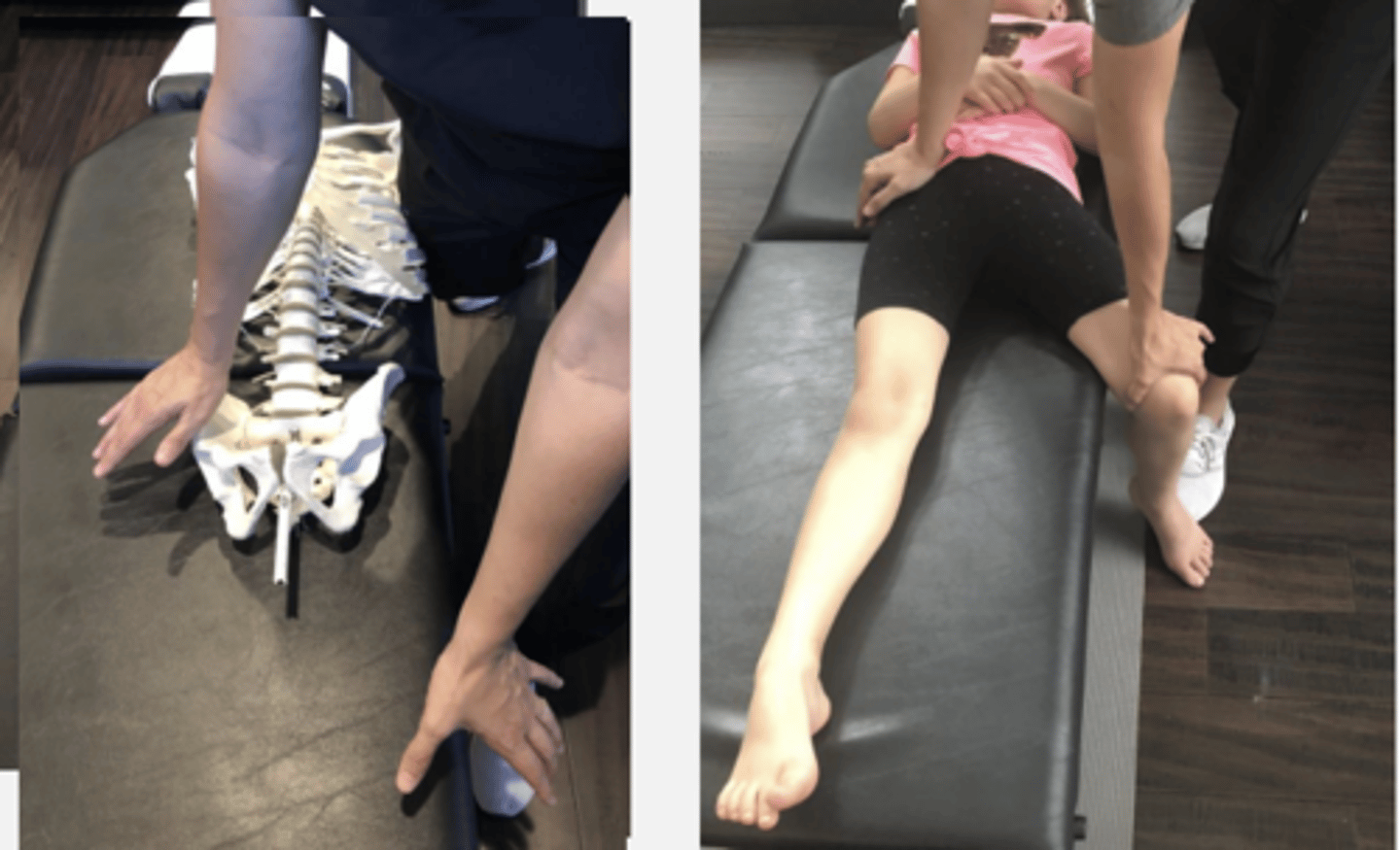 <p>PP: Supine off center of table to side of involvement &amp; corresponding leg hangs off table</p><p>DP: Modified fencer stance on involved side facing caudal</p><p>CH: Palmar contact of caudal (L) hand to distal femur of leg on involved side</p><p>IH: Cephalad (R) hand palmar contact over the opposite ASIS to stabilize the pelvis</p><p>LOD: CH applies A-P stress on pt's thigh. Ask pt to raise thigh against resistance &amp; after 4-5 seconds deliver a slight &amp; shallow impulse thrust S-I down the thigh</p>