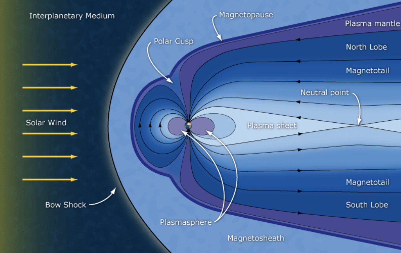 <p>It compresses the day side and drags the nightside creating a bullet like shape for the earth</p>