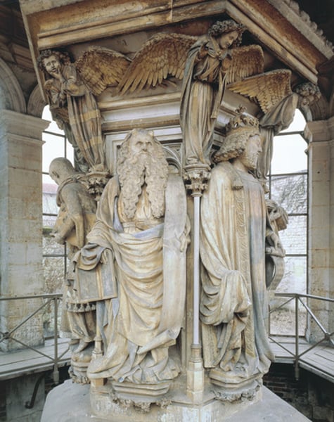 <p>-Claus Sluter<br>-French Monastery<br>-5'8", marble<br>-Exodus 34 explains horns<br>-Mass, drapery, body, bright colors</p>