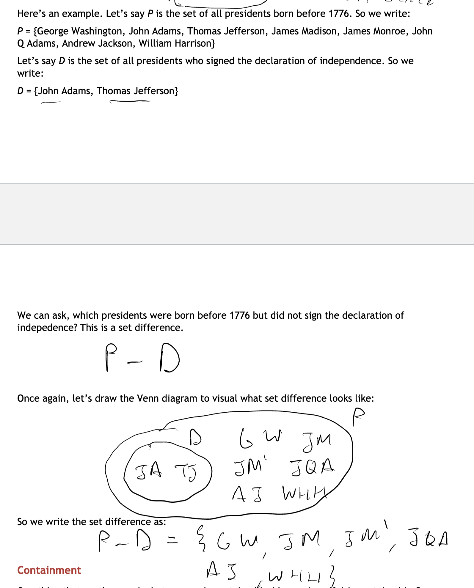 <p>Removing an element from a set</p><p>Notation example: S - {X} or A - B</p><ul><li><p><span style="font-family: "Times New Roman", serif">Useful when thinking of retroactive disqualification&nbsp;</span></p></li><li><p><span style="font-family: "Times New Roman", serif">Removing element X from set S = “<u>all the elements of S that are not X</u>”&nbsp;/ all the elements of A that are not in B</span></p></li><li><p><span style="font-family: "Times New Roman", serif">Can remove multiple elements</span></p></li></ul><p></p>