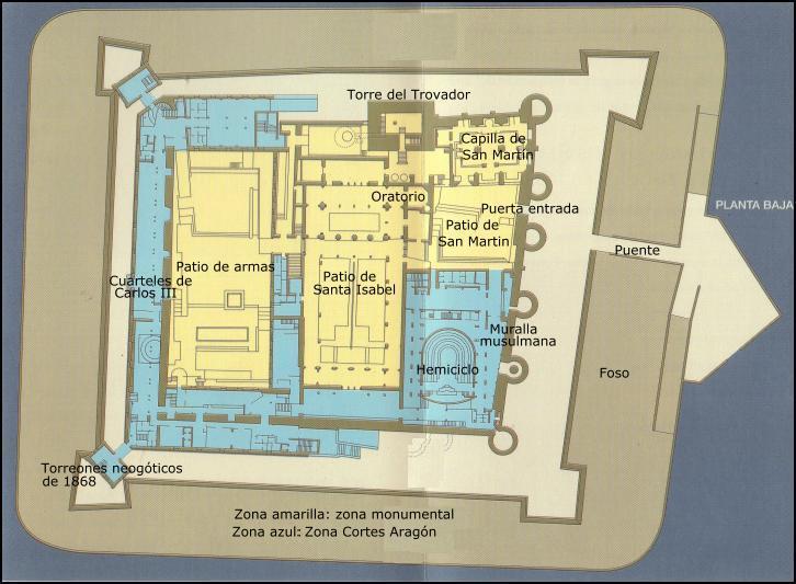 <p>- Localizado en la primera taifa de Zaragoza gobernado por la dinastía hudí.</p><p>- Gobernador → Abu Yafar Al-Muqtadir construye este palacio de recreo de uso exclusivo para su familia.</p><p>- Construido desde 1060 a 1110.</p><p>- Planta “cuadrada” (adaptada al terreno).</p><p>- Tipo fortaleza, perímetro amurallado y jalonado con torres circulares.</p><p>- TORRE DEL TROVADOR → Torre rectangular de época pre-hudí.</p><p>- ACCESO → Por el paño de la muralla, puerta enmarcada por dos torreones y arco de herradura.</p>