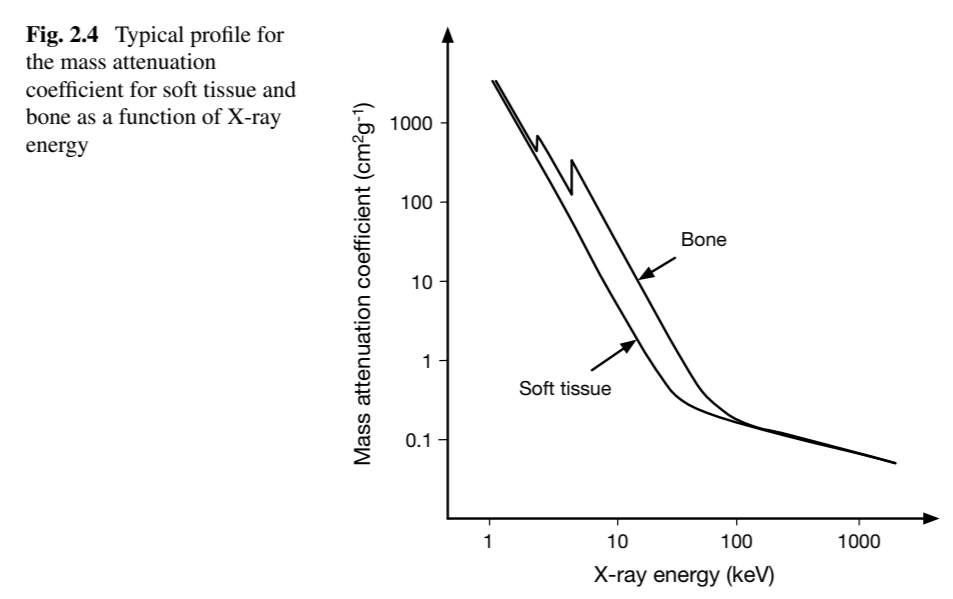 <p>The attenuation coefficient ($$ \mu $$) describes the rate at which X-rays are absorbed or scattered as they pass through tissue, combining contributions from photoelectric and Compton effects: </p><p>$$ \mu(E) = \mu_{\text{photo}}(E) + \mu_{\text{Compton}}(E). $$</p>