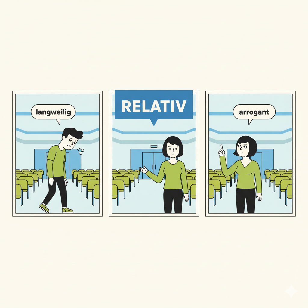 <p><strong>Julia:</strong> Wie fandest du den Vortrag? <strong>(How did you find the lecture?)</strong></p><p><strong>Marko:</strong> Puh, ehrlich gesagt war er <strong>relativ langweilig</strong>. <strong>(Phew, honestly it was relatively boring.)</strong></p><p><strong>Julia:</strong> Ja, und der Redner wirkte auch ziemlich <strong>arrogant</strong>, fand ich. <strong>(Yes, and the speaker also seemed quite arrogant, I thought.)</strong></p>