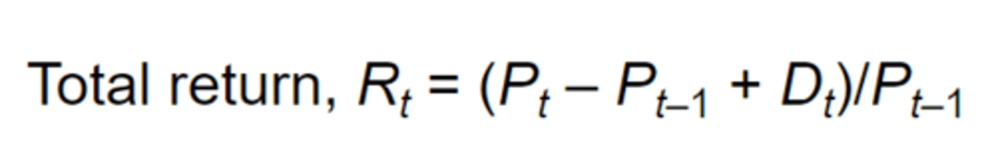 <p>Measures price appreciation plus interest, dividends, and other distributions expressed as a percentage of the beginning value of the price return index.</p><p>There are two main sources of equity securities’ total return: price change (or capital gain) and dividend income. The price change represents the difference between the purchase price (Pt–1) and the sale price (Pt) of a share at the end of time t – 1 and t, respectively. Cash or stock dividends (Dt) represent distributions that the company makes to its shareholders during period t. Therefore, an equity security’s total return is calculated as:</p>